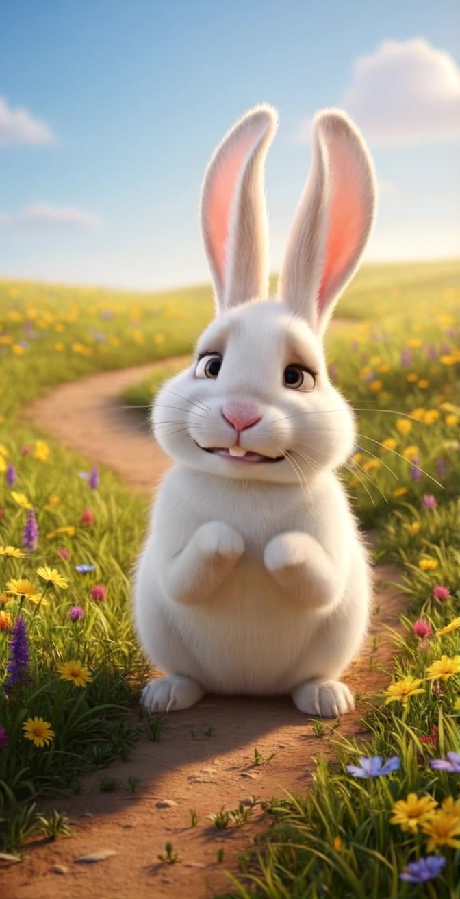 The White Rabbit standing on a path, looking anxious with long ears perked up, speaking loudly.