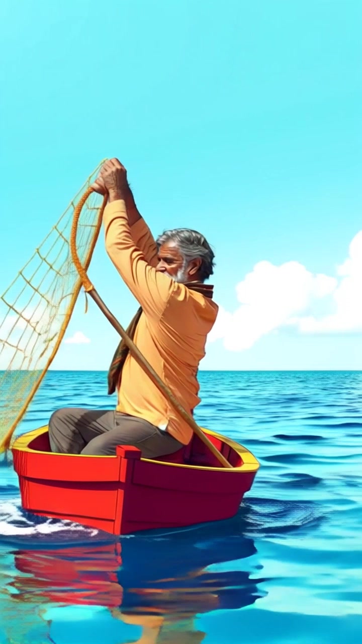 Subject: A fisherman in a small boat. Subject movement: The fisherman casts his fishing net into the calm ocean with a fluid, sweeping motion. Scene: Expansive ocean with the fisherman surrounded by tranquility, under a clear blue sky that reflects on the water. Lighting: Bright, sunny daylight creating vivid colors. Motion: Camera smoothly glides sideways, capturing the fisherman’s movement while showcasing the serene seascape in wide-angle.