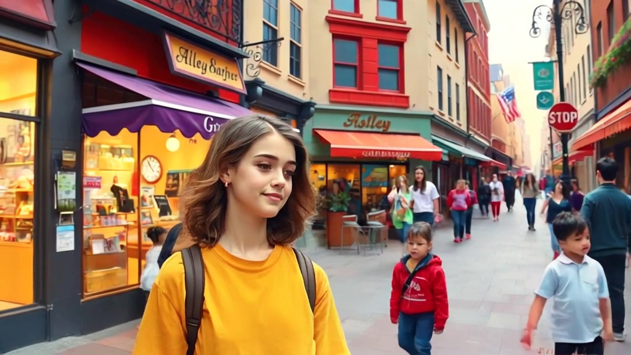 Subject: A girl named Lily standing at the center of a bustling town square. Subject movement: Lily gazes around, occasionally shifting her weight from one foot to the other as she observes the lively scene. Scene: A vibrant town square filled with shops, colorful storefronts, and people strolling about. Style: Bright, natural daylight enhances the cheerful atmosphere, capturing the energy of the community. Motion: Camera performs a smooth 360-degree tracking shot around Lily, showcasing the animated town square and its diverse crowd.