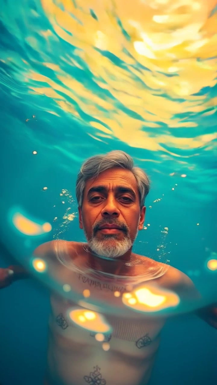 Subject: A human swimming slowly. Subject movement: The swimmer glides effortlessly through the deep blue ocean, gently undulating with the rhythm of the water. Scene: Beneath the shimmering surface, dappled sunlight creates a mesmerizing play of light on the ocean floor. Style: Bright, sunlit ambiance with vibrant blue tones, enhancing the serene aquatic environment. Motion: Camera follows the swimmer's smooth movements from a low angle, creating a tranquil underwater perspective as bubbles gracefully trail behind.
