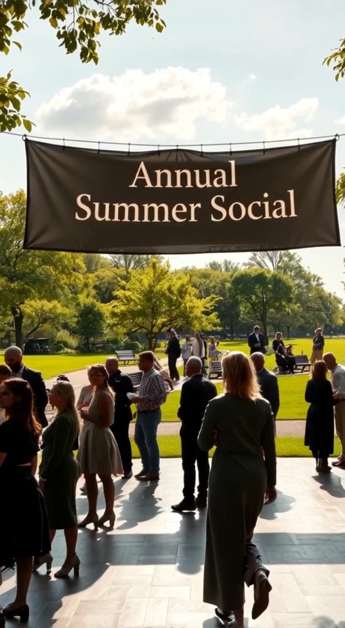 A large banner above the dance floor reading "Annual Summer Social" with people mingling.