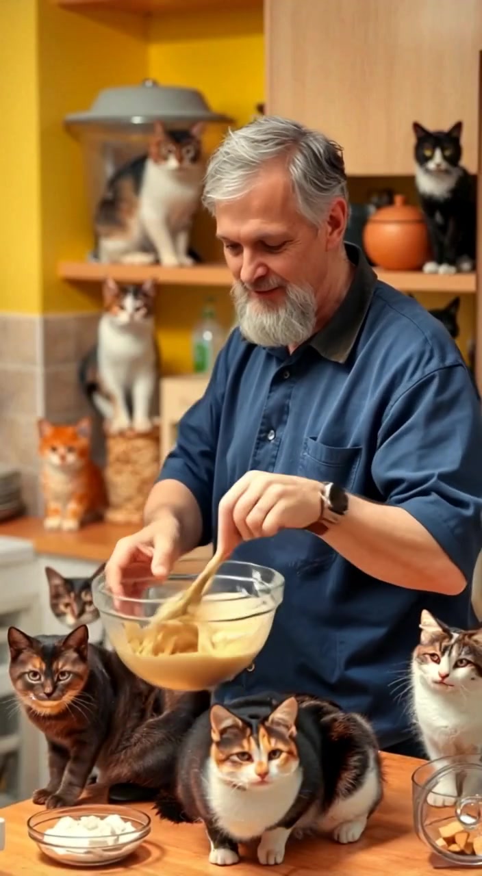 The man gently stirs batter in a large bowl with ingredients scattered around the bright kitchen countertop.