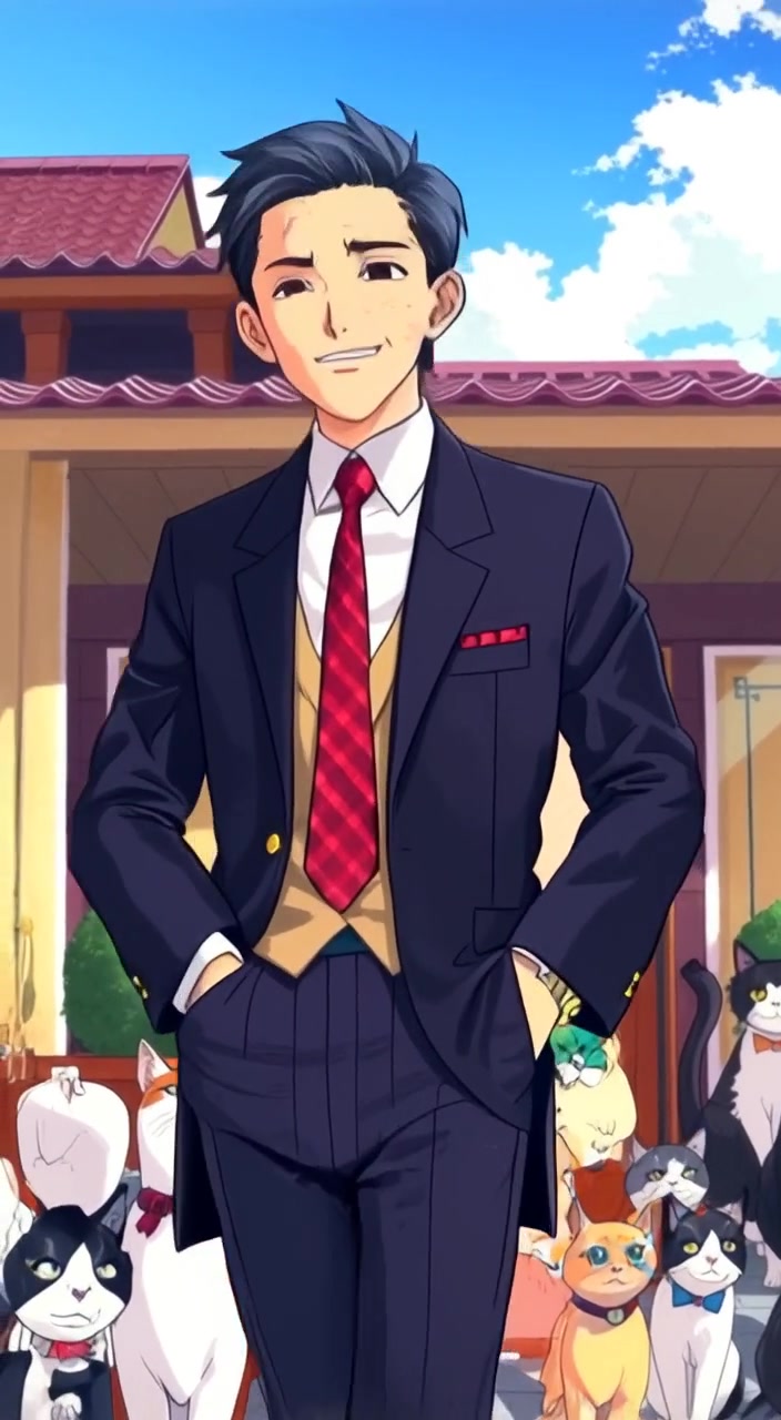 The man steps out of a grand residence, adjusting his tie under the clear morning sky.