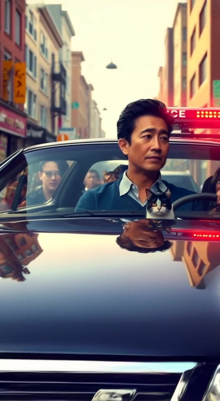 A car drives smoothly through the city streets, while onlookers admire it from the sidewalks.