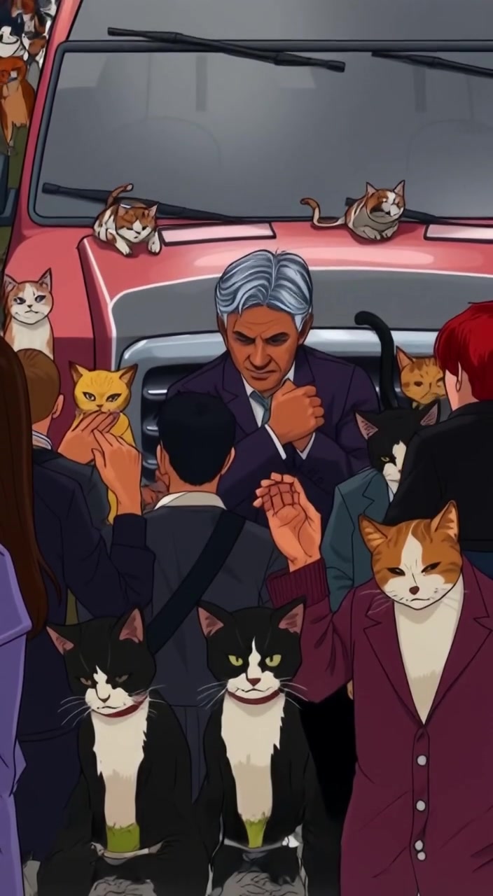 The weary crowd bows their heads, gently swaying in unison as the car looms in the background.