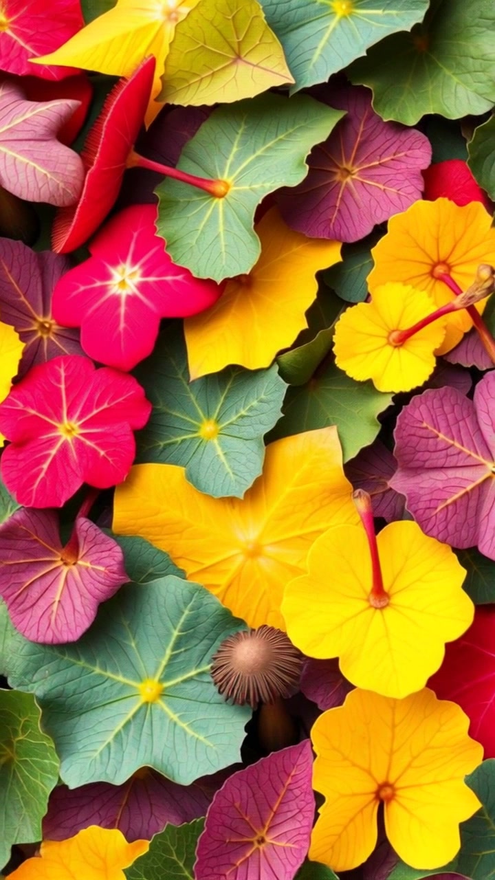Scene: A vibrant collection of leaves from different plants arranged together, showcasing various shapes and sizes in intricate detail. Style: Soft, diffused lighting enhancing the natural colors and textures of the leaves, creating a serene and botanical aesthetic. Motion: Camera gently glides over the arrangement, capturing a close-up view of the leaves, slowly rotating to reveal their unique features.