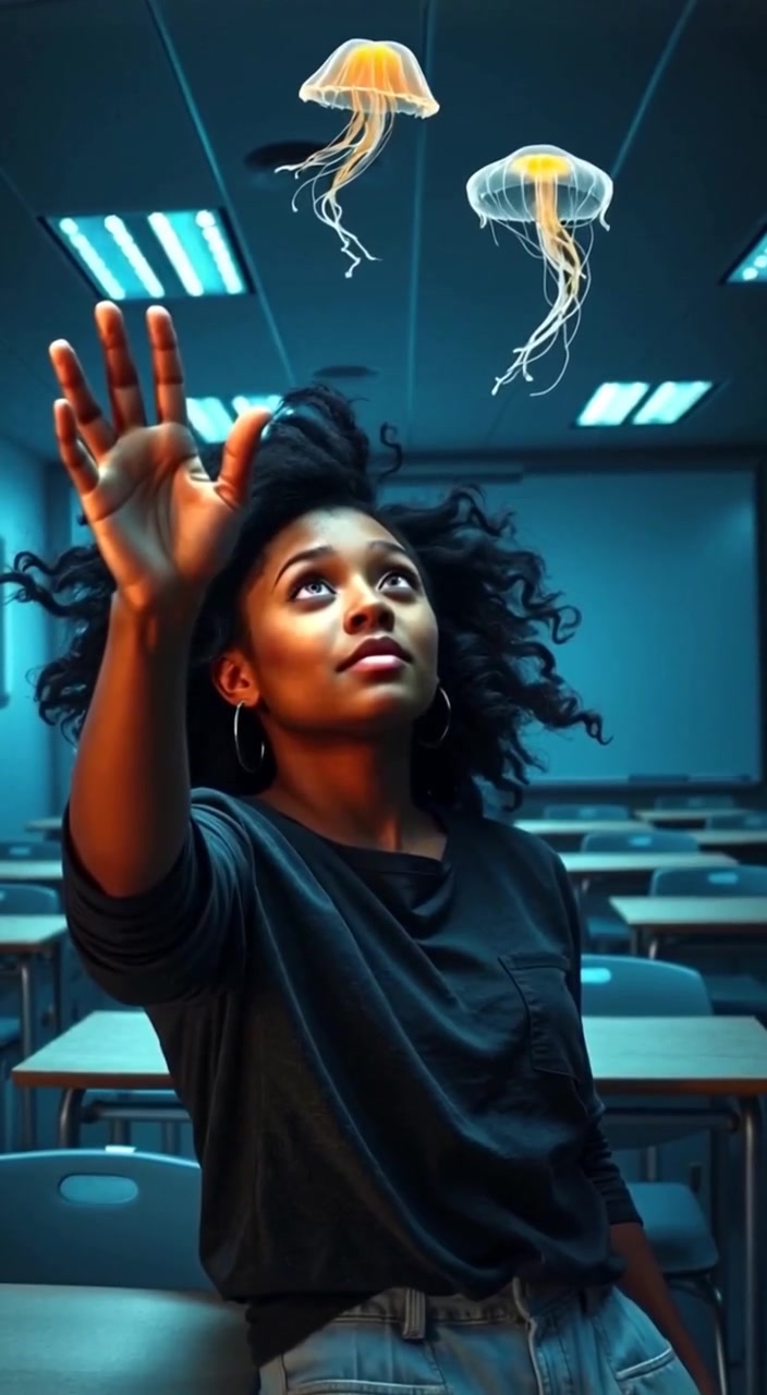 A close-up of Ani looking up, her hair swirling around her as she reaches for a floating object.