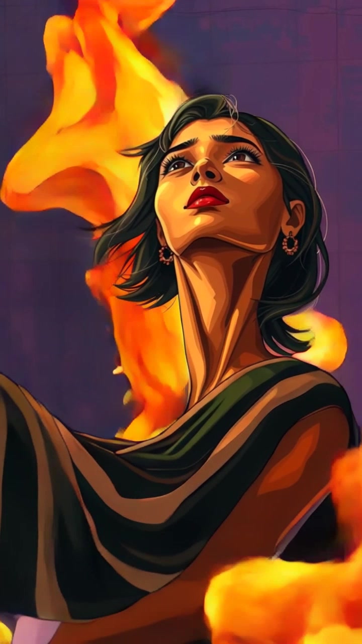 Subject: A determined figure, Vrinda, standing amidst flames with a fierce expression. Subject movement: Vrinda moves confidently forward, surrendering herself to the flames that dance around her. Scene: A dramatic fire setting, flames swirling intensely as they engulf her. Style: Intense, flickering light illuminating the surrounding chaos, creating deep contrasts and shadows. Motion: A dramatic panning shot captures her resolve as the camera sweeps around her, showcasing the ferocity of the flames while preserving her unwavering stance.