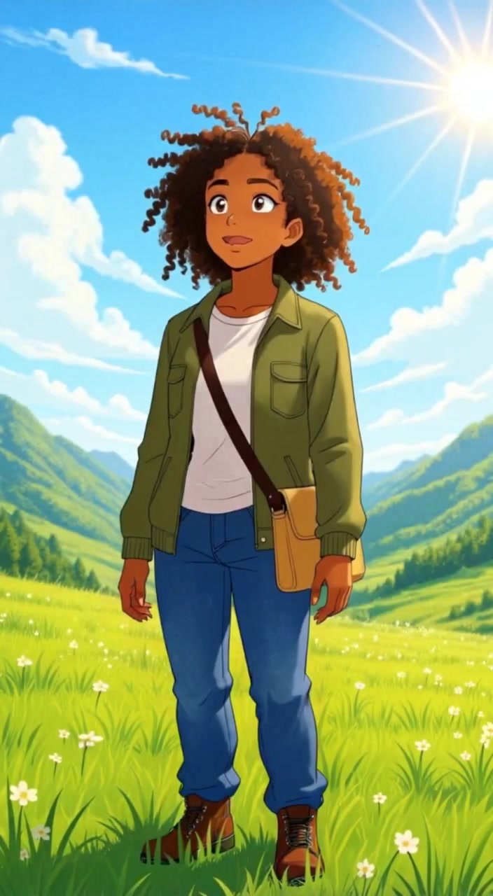 The woman gazes upward as sunlight filters through the trees, gently illuminating her hopeful expression in the meadow.