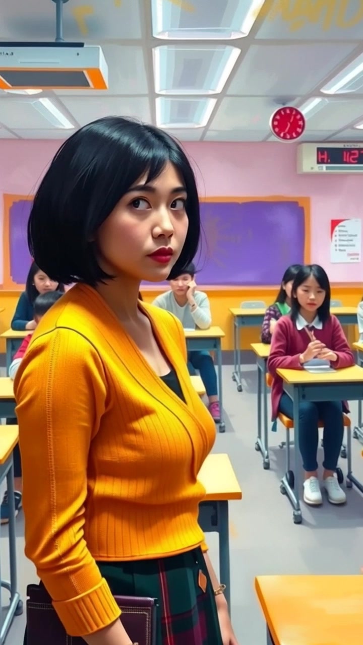 Female teacher walks gracefully among the desks in a classroom, making eye contact with each student. The camera glides smoothly from the back of the room towards her, capturing the attentive faces of the students. Slow dolly into a closeup shot of her face, emphasizing her expression of focused engagement. Soft ambient lighting creates a warm and inviting atmosphere in the classroom.