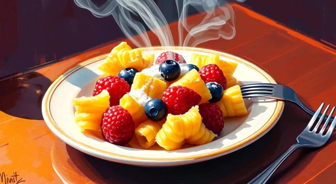 The steam gently rises from the plate as the fork slowly moves towards the food.