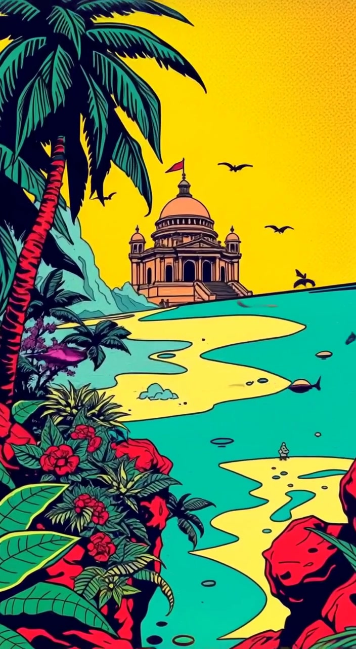 Gentle waves lap against the underwater palace while the rainforest rustles softly in the breeze.