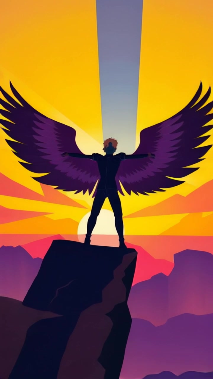 Subject: A determined figure silhouetted against the horizon. Subject movement: The figure takes a bold leap from the cliff, arms outstretched as if preparing to fly. Scene: A breathtaking cliff overlooking a vast landscape, with the early morning sun casting vibrant colors across the sky. Style: Warm sunrise light illuminating the scene with soft pastels. Motion: The camera begins with a wide shot of the cliff, then zooms in dramatically as the figure leaps into the air, capturing the exhilarating moment with a smooth upward tilt.