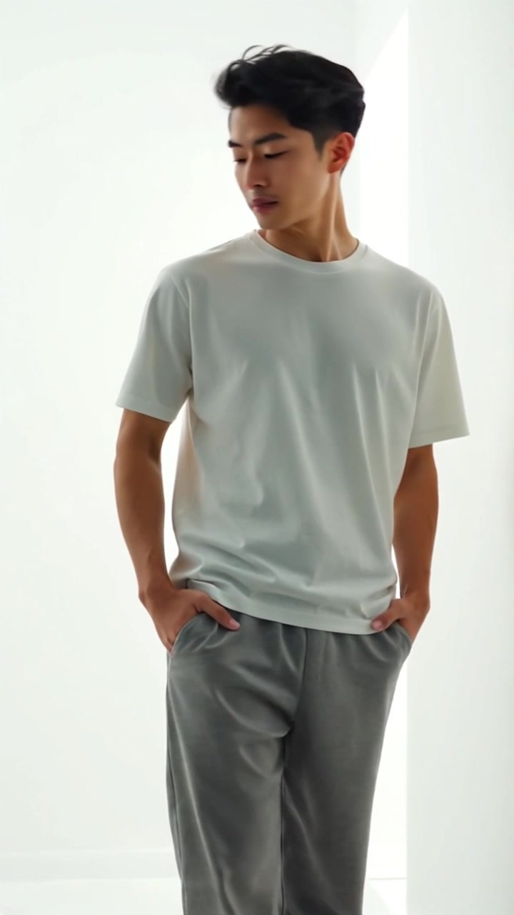 A man in a white t-shirt and grey sweatpants wakes up in a completely white room with no doors or windows.