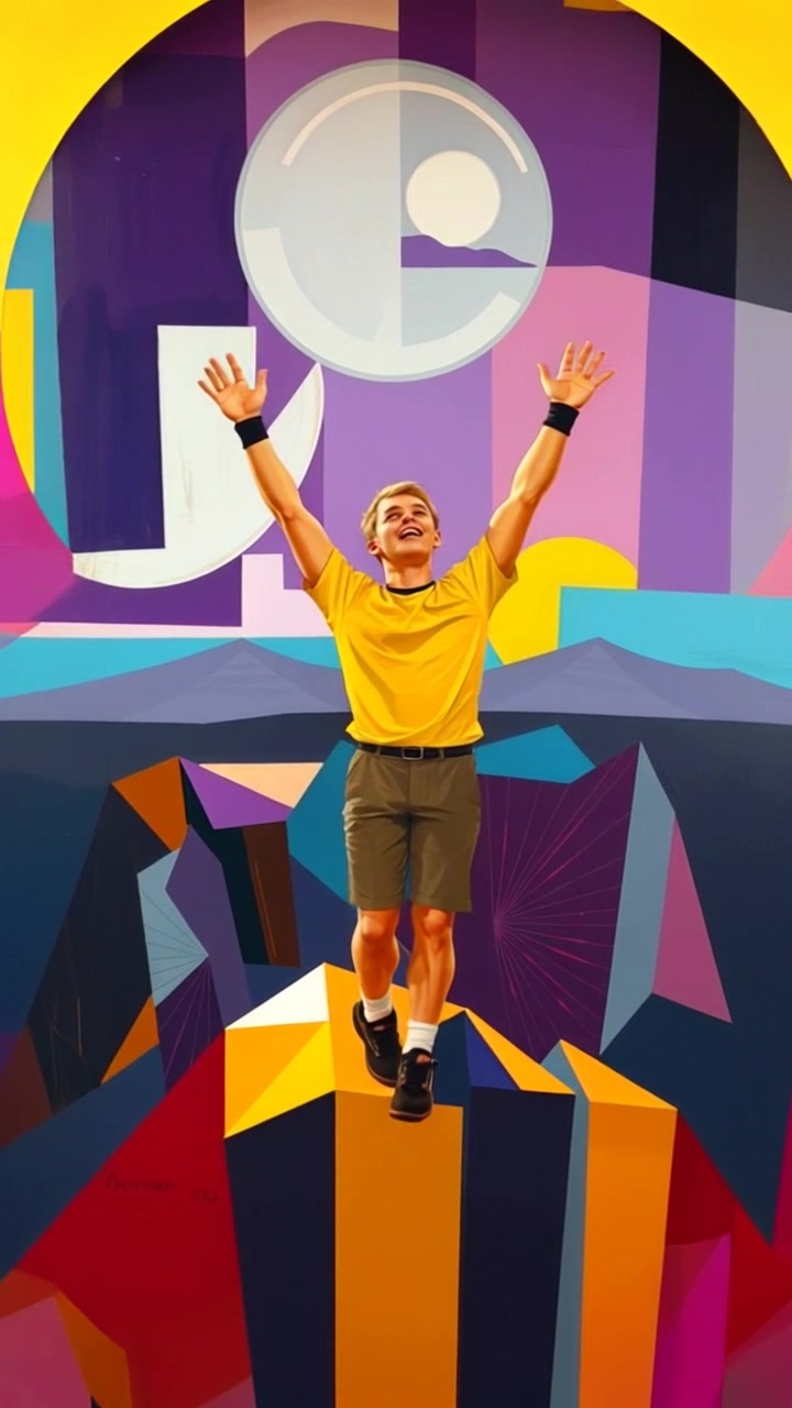 Subject: A climber standing triumphantly at the summit, arms raised high. Subject movement: The climber sways gently in the wind, filling the frame with energy. Scene: A breathtaking mountain landscape stretches far into the horizon, dotted with peaks and valleys. Style: Early morning light casting soft shadows, enhancing the rugged texture of the terrain. Motion: The camera performs a dramatic panning shot from the climber to the sweeping vista, capturing the vastness of nature and the sense of accomplishment.