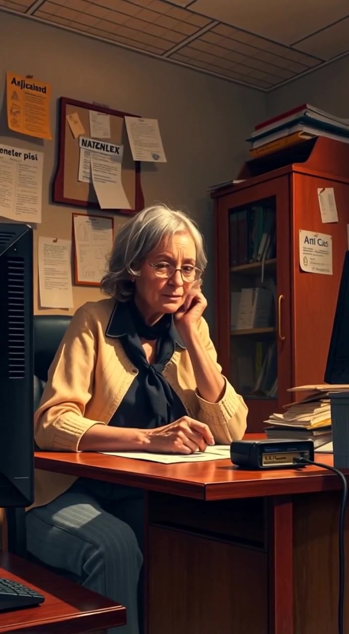 The woman types slowly on the computer, stacks of paperwork shifting gently in the cluttered office.