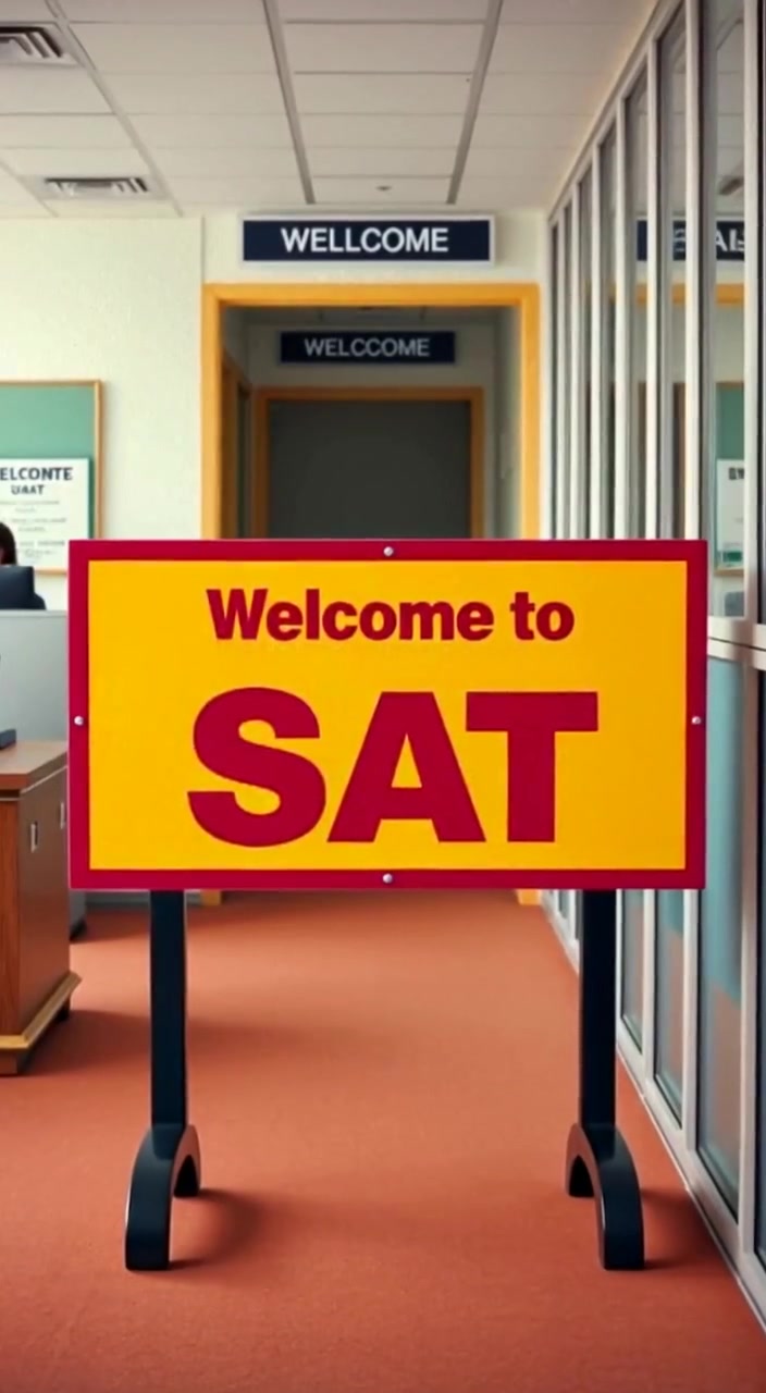 A gentle breeze causes the welcome sign to sway slightly in a modern office environment.