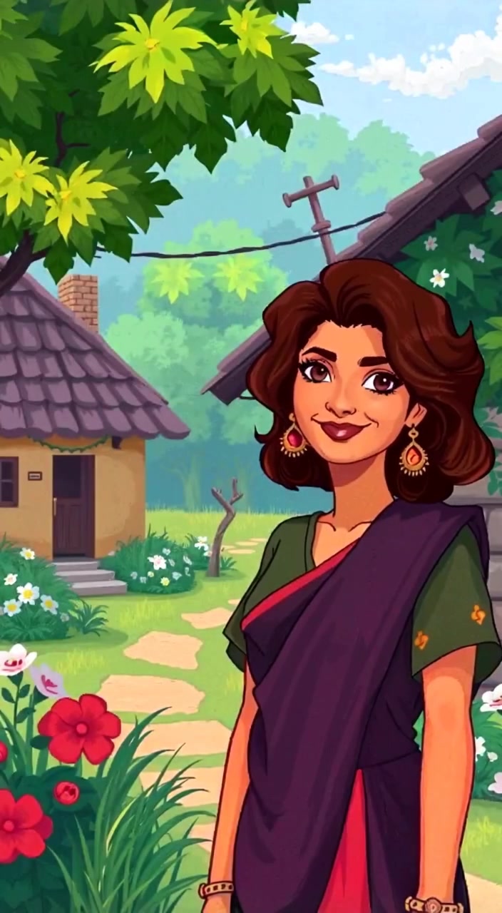 A woman gently gazes around, admiring the vibrant greenery surrounding her cozy house in the picturesque village.