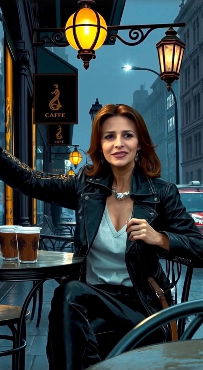 The woman raises her hand to wave at the approaching friend with a warm smile.