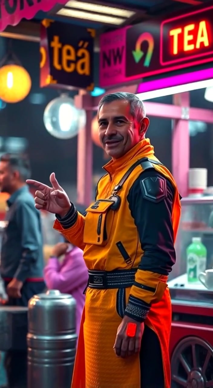 The man gestures warmly towards the tea vendor, maintaining a friendly smile in a bustling market.