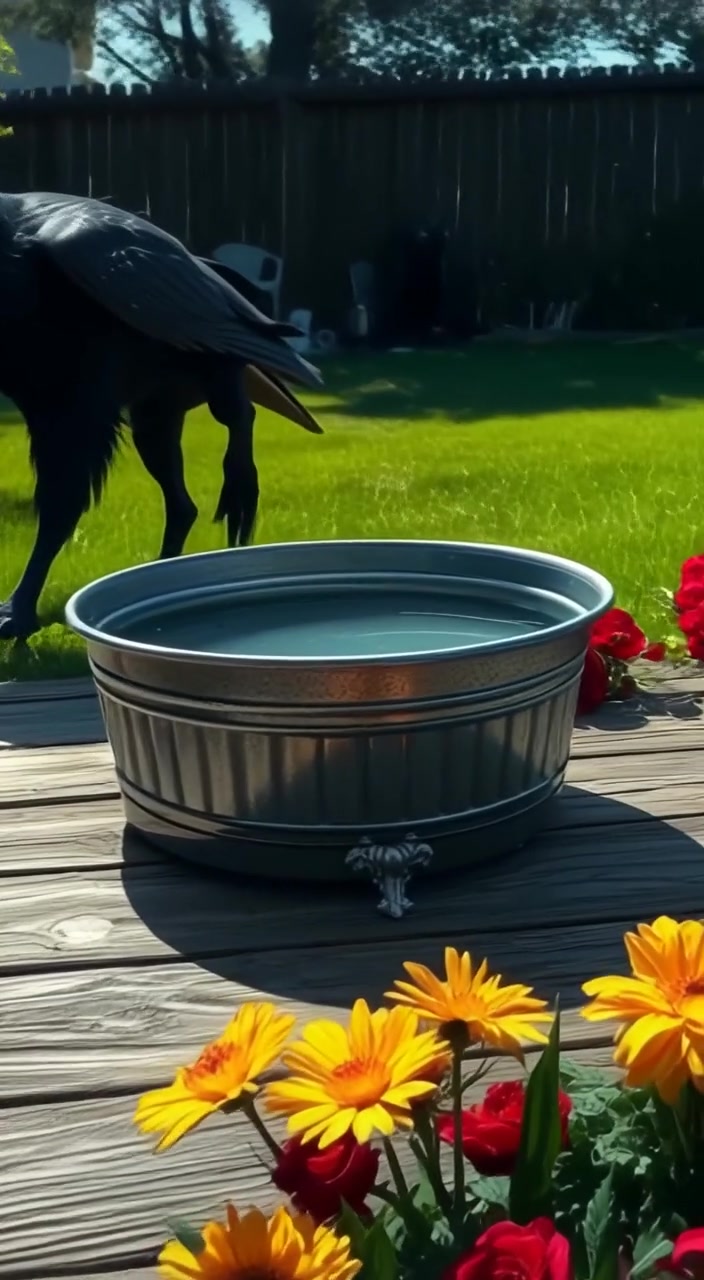 Water gently ripples in the metal tub as flowers sway softly in the warm breeze surrounding the wooden deck.