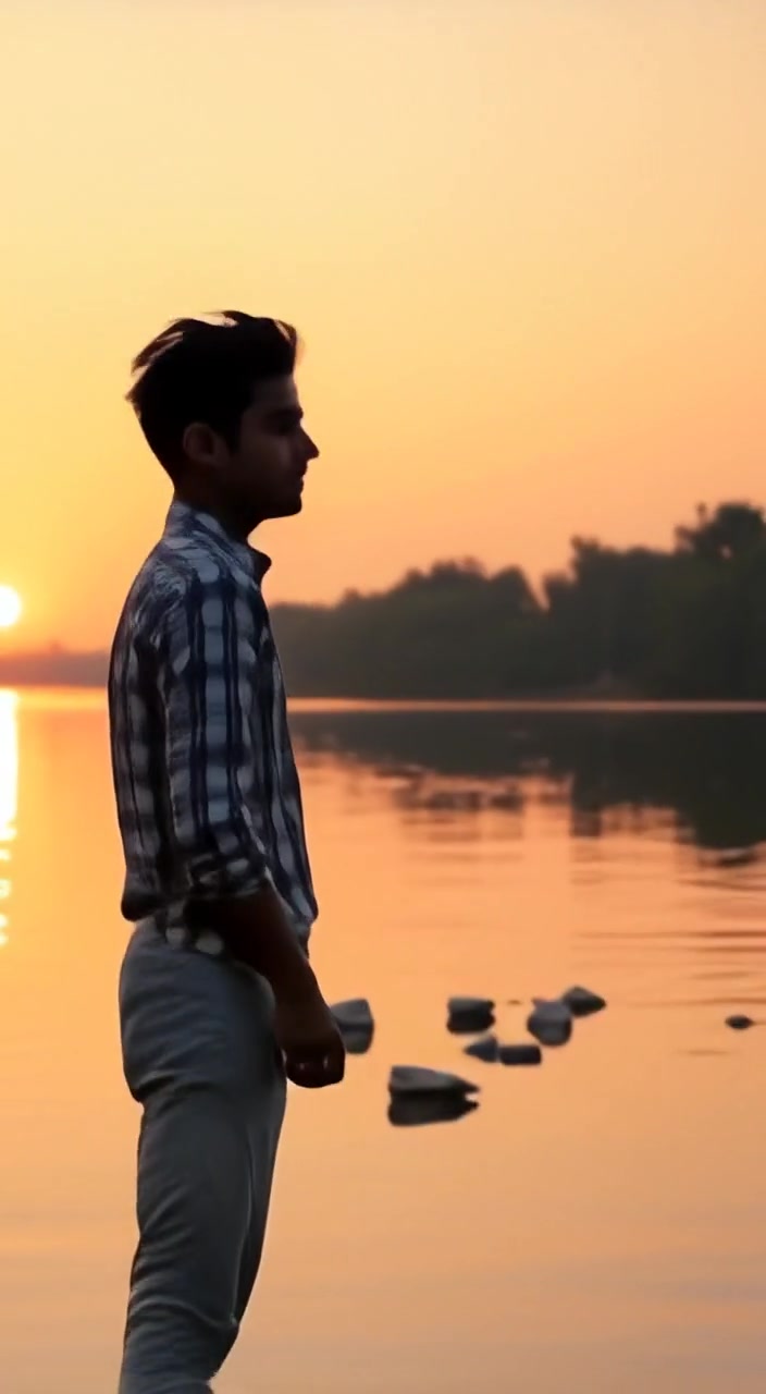 The man gently skips stones across the calm lake as the sun sets, creating ripples on the water.