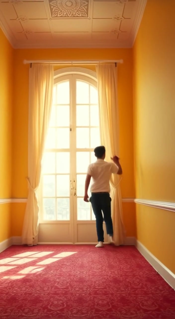 The boy runs towards a large window as sunlight streams in, casting gentle shadows across the room.