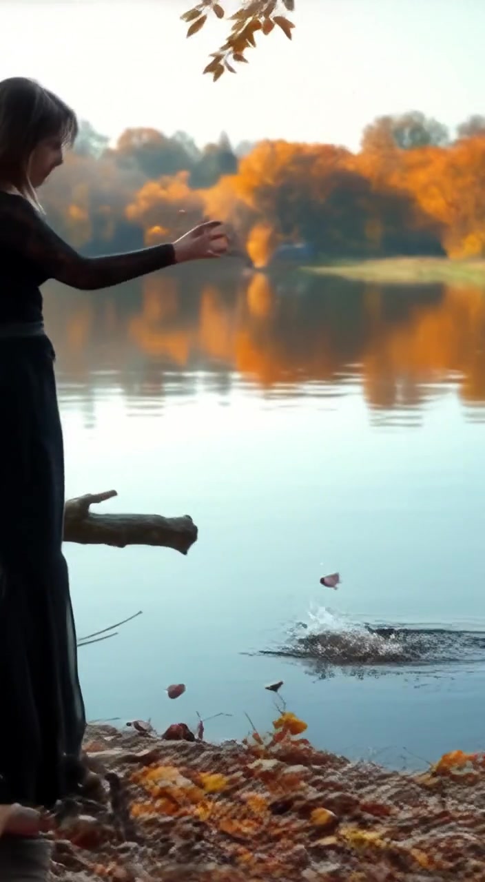 Asha gently tosses a pebble into the tranquil lake, causing ripples that reflect the surrounding autumn trees.