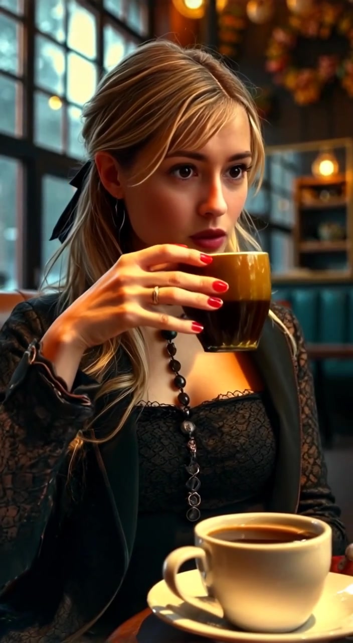 The woman gently stirs her coffee while gazing thoughtfully out the window.