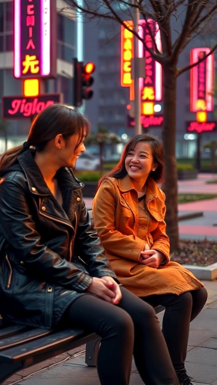 Scene: Two friends sitting on a park bench, sharing laughter in a vibrant city park filled with blooming flowers and lush greenery. Style: Warm, inviting sunlight filtering through the trees, casting playful shadows on the ground. Motion: Camera gently pushes in to capture their joyful expressions, then smoothly pans to include the surrounding beauty of the park as the laughter continues.