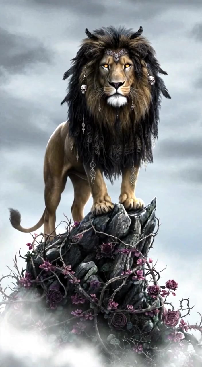 A majestic Golden Lion standing on a rocky outcropping, gazing confidently into the distance.