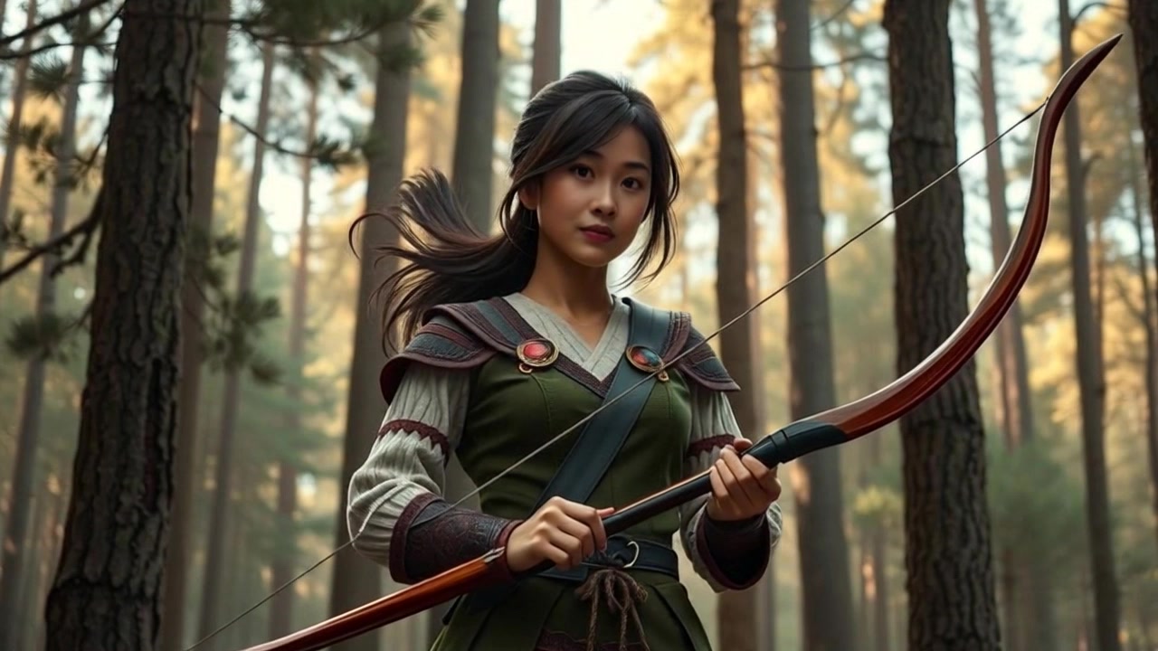 Subject: Elara, holding a bow, stands confidently among tall trees in the forest, poised to take action. Subject movement: She draws the bowstring back, preparing to release her arrow with focused determination. Scene: A dense forest with towering trees enveloping Elara, filtered sunlight casting dappled patterns on the ground. Style: Soft, ambient lighting creates a mystical atmosphere, enhancing the natural greens and browns around her. Motion: Camera slowly pushes in on Elara, capturing her intensity as the foliage sways gently in the background.