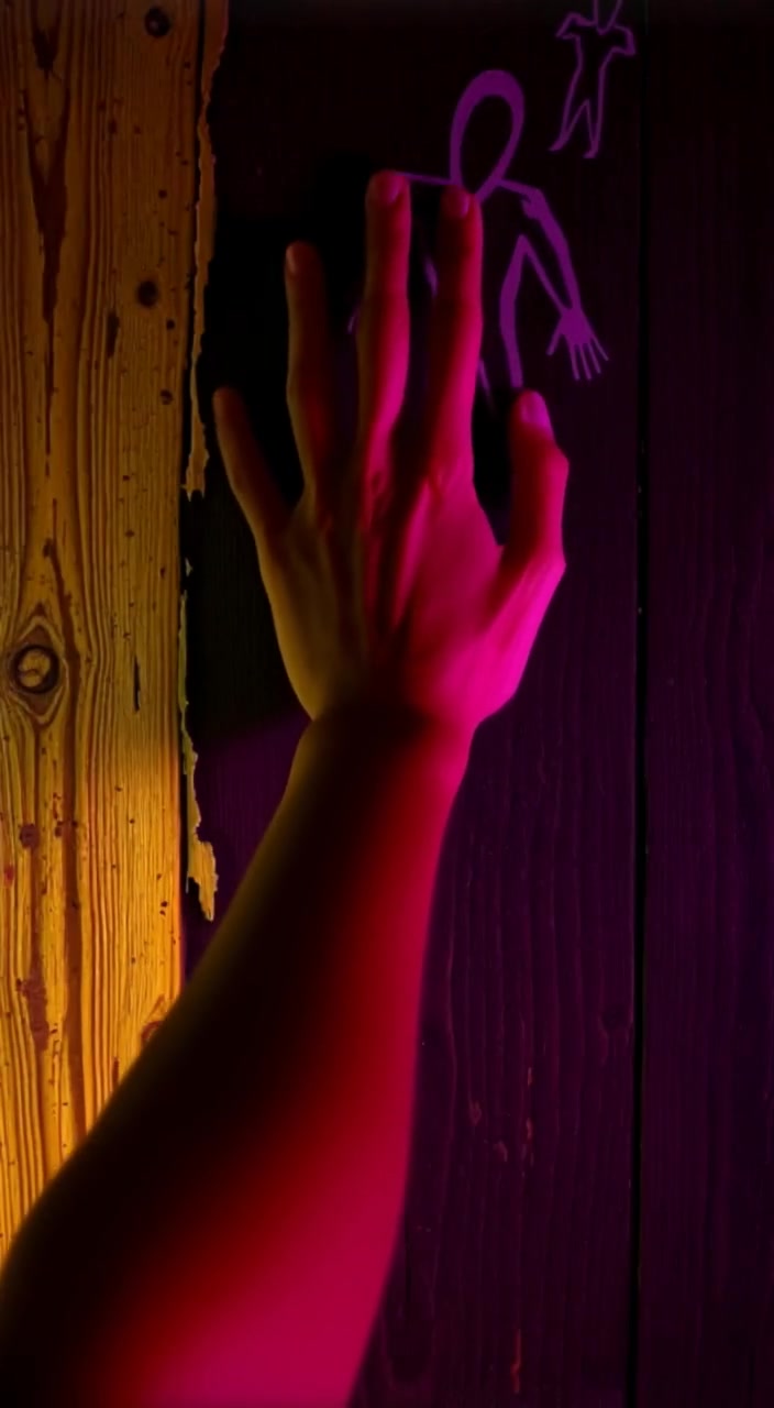 A hand gently touches intricate symbols carved into the weathered wooden wall, revealing hidden textures and patterns.