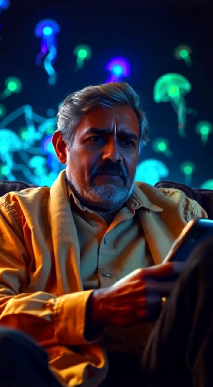 The man shifts his gaze from the phone, frowning slightly, deep in thought as he sits on the couch.