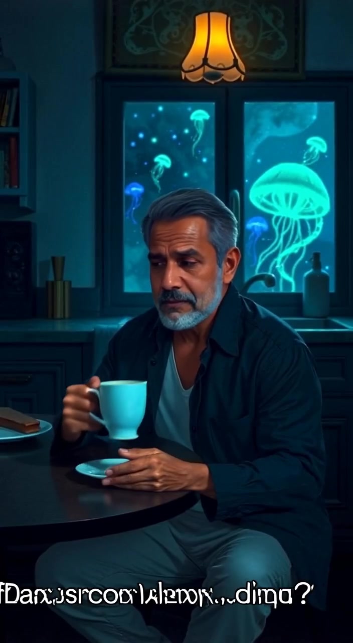 The man gently sips coffee, gazing thoughtfully out the window, with sunlight softly illuminating the kitchen.