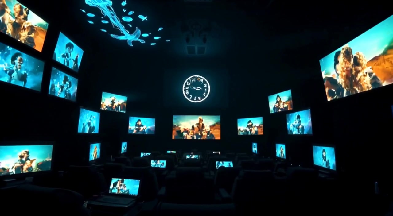 A dimly lit room, screens softly illuminating as they flicker through various movie scenes, creating a cinematic ambiance.