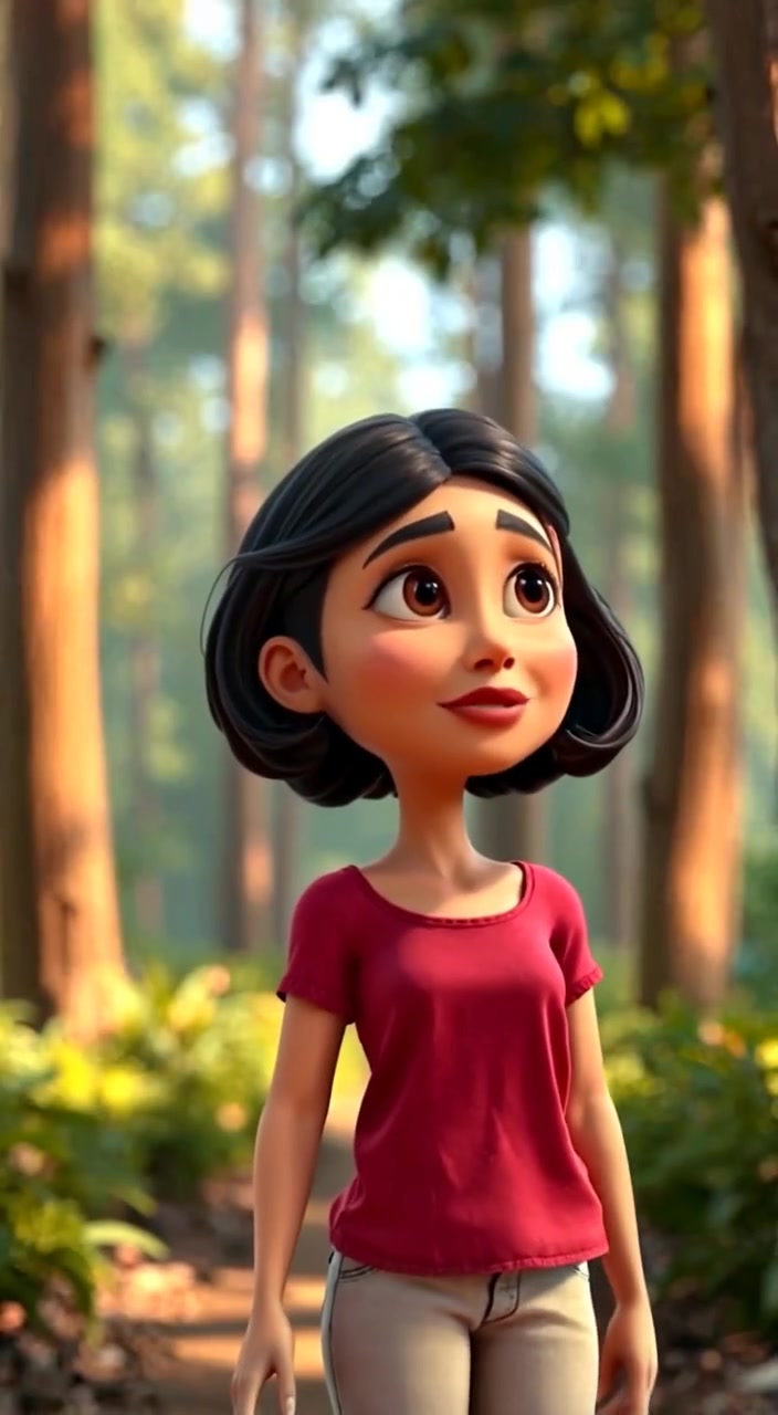 The woman gently walks down the forest path, glancing at the towering trees with wonder in her eyes.