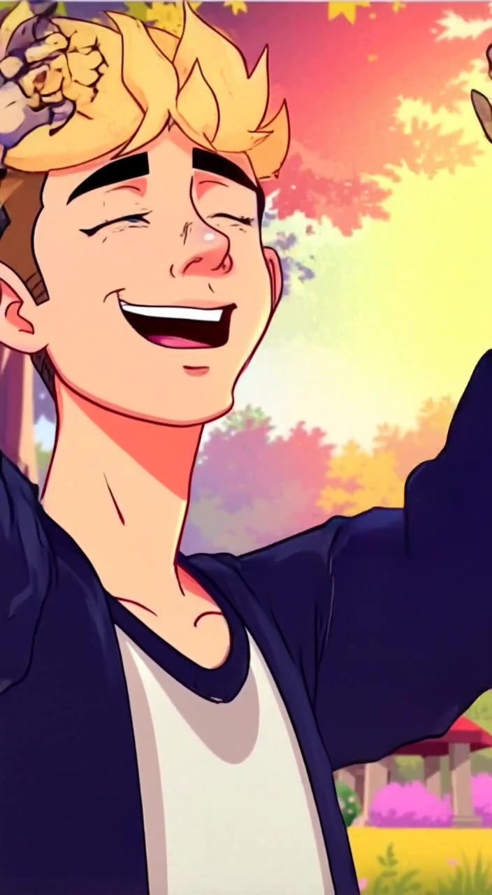 The boy joyfully spins around, arms wide open, under the warm sunlight in a vibrant park.