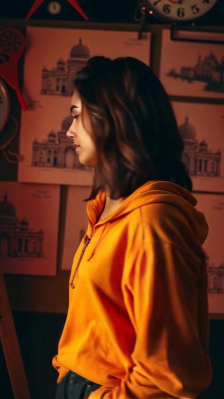 A young artist named Prateek, wearing simple clothes, standing in an artist's studio filled with sketches of a grand temple.