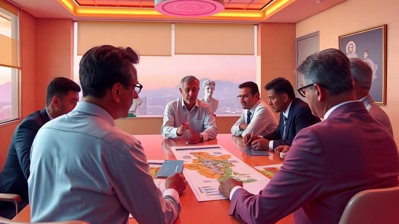 Scene: A group of Israeli government officials engaged in a strategic meeting, discussing various maps spread out across a large conference table. Style: Professional atmosphere with focused lighting creating a sharp contrast between the officials and the detailed maps. Motion: The camera smoothly pans around the table, capturing reactions and pointing fingers as discussions intensify, while applying a subtle depth of field effect to emphasize the maps.