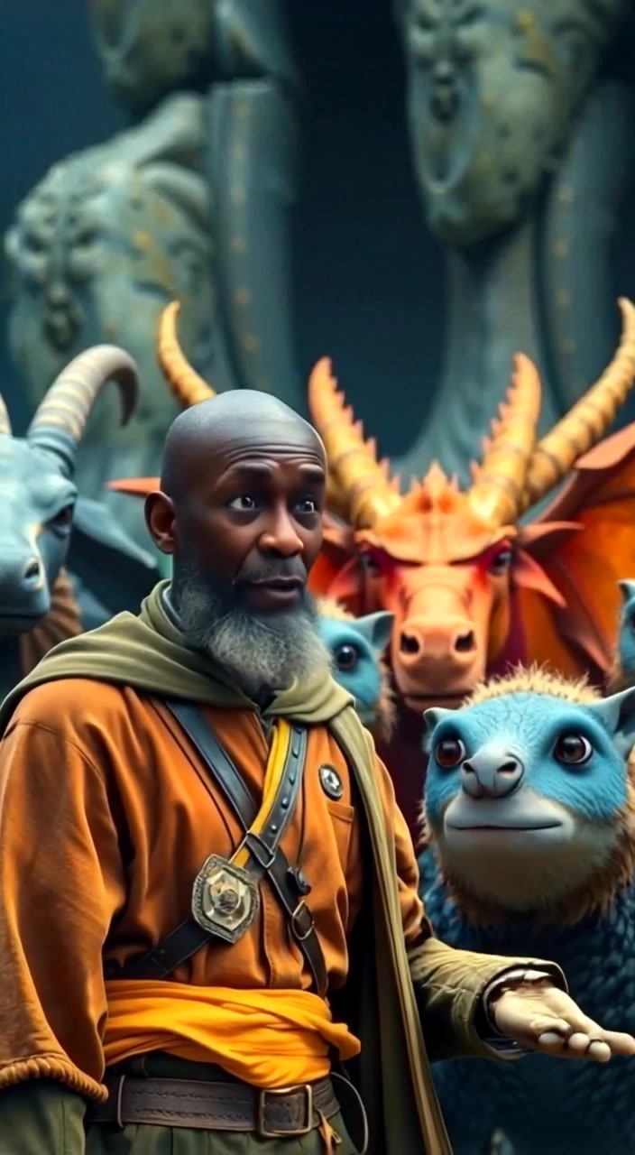 The narrator gently points at the animals, eyes wide with surprise, revealing their unique textures in the soft light.
