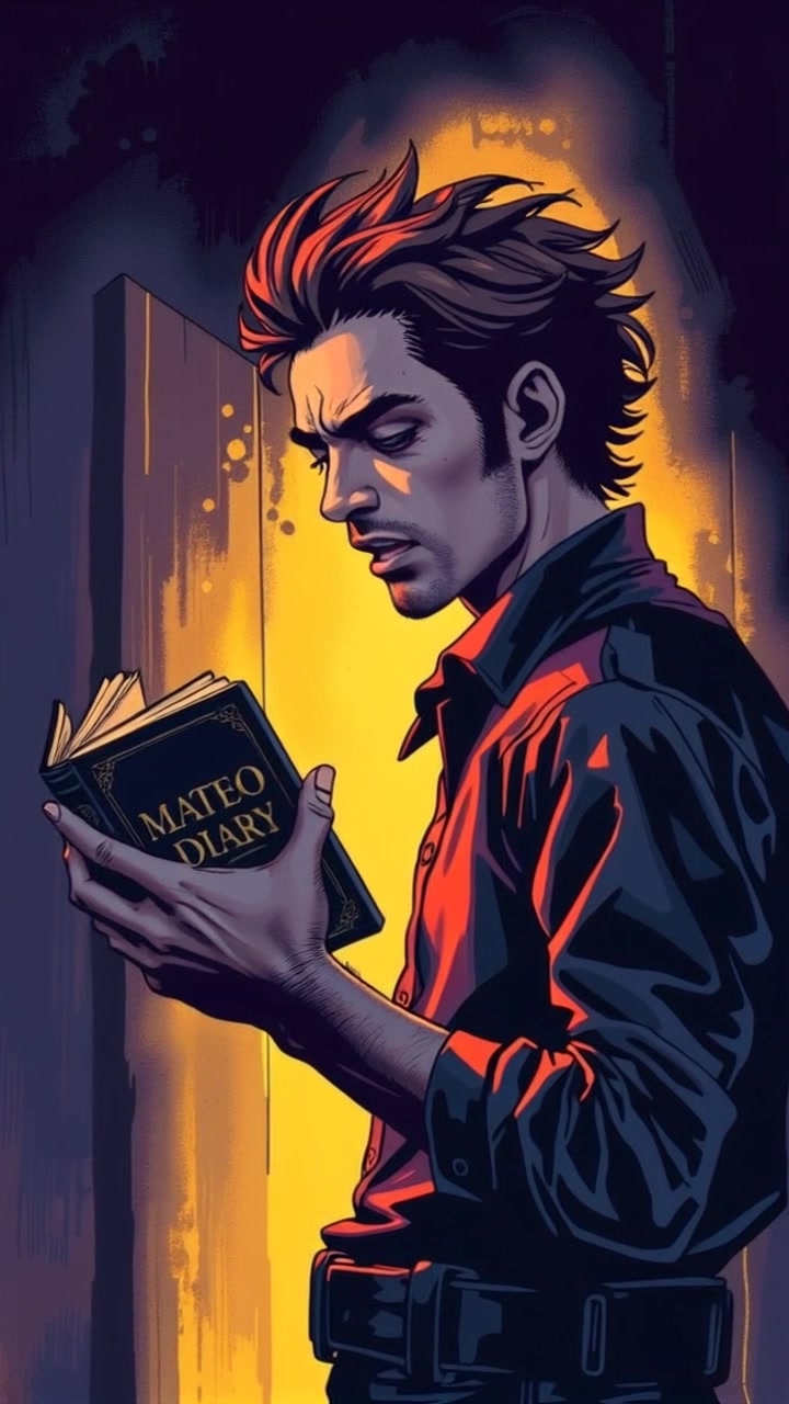 Subject: A young man standing in the attic, gripping a diary tightly, displaying a mix of fascination and fear on his face. Scene: Dusty attic filled with vintage furniture and dimly lit by a single, flickering bulb. Motion: The camera slowly zooms in on the young man's expression, emphasizing the tension in his grip while subtle shadows dance around him. Lighting: Soft, ambient light creating a moody atmosphere that adds to the sense of mystery.