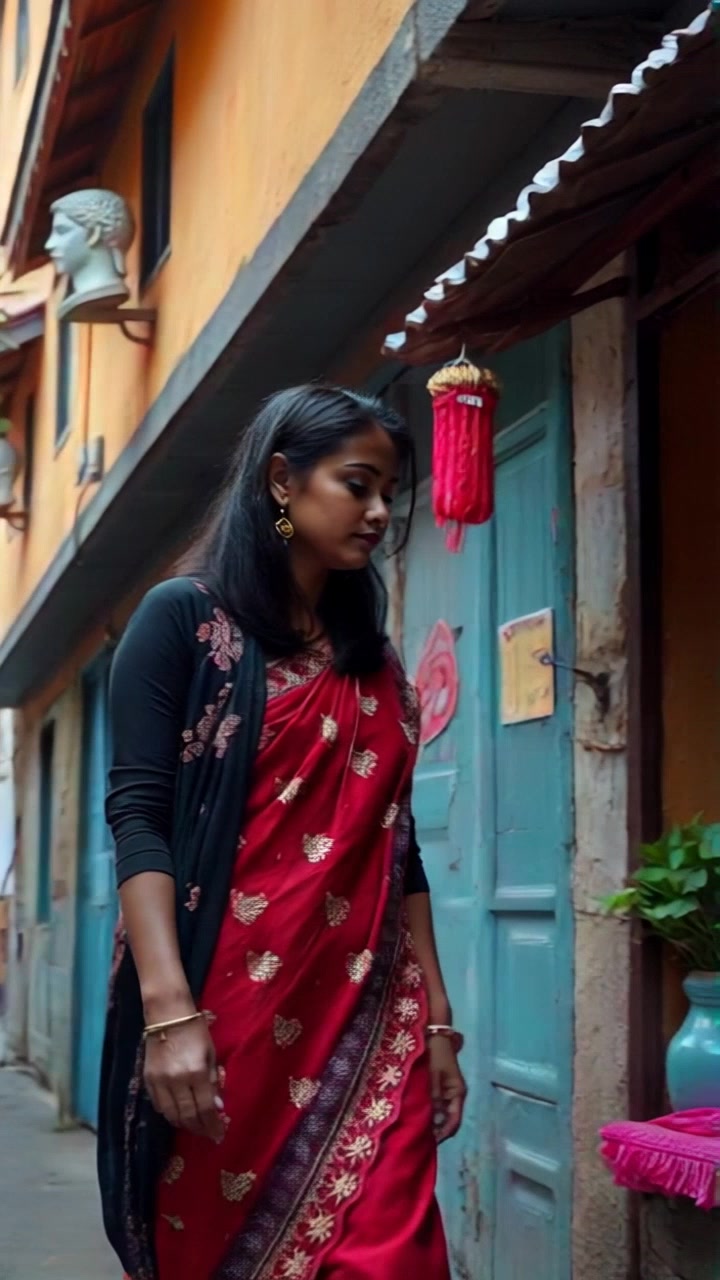 Subject: Riya strolling beside colorful stalls. Subject movement: Riya walks leisurely along the rustic lane, occasionally stopping to admire the vibrant goods. Scene: A quaint Indian village with small houses flanking the lane, filled with lively stalls displaying an array of bright textiles and spices. Style: Bright daylight accentuating the colors of the stalls and the earthy tones of the village. Motion: The camera follows Riya with a smooth tracking shot, capturing her interactions and the charm of the village atmosphere.