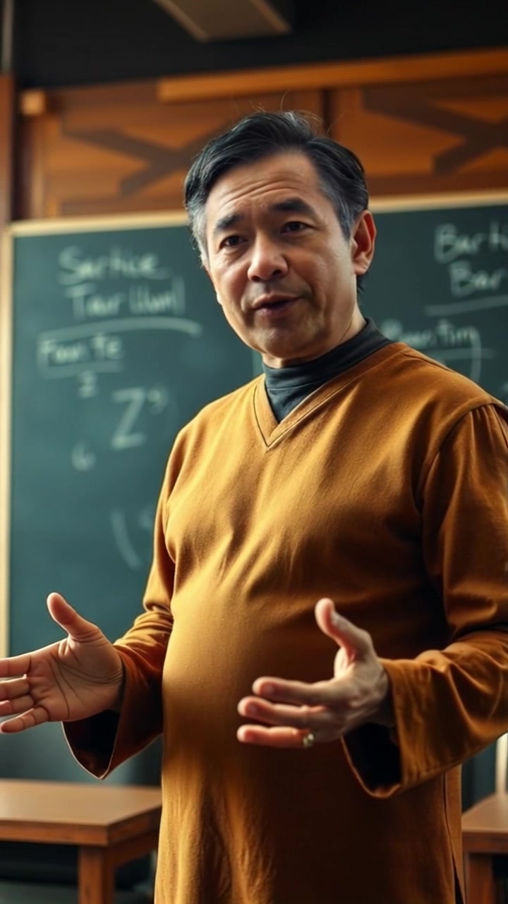 Subject: Pak Guru, a middle-aged Indonesian teacher with a stern expression and traditional batik shirt. Subject Movement: Pak Guru's hands gesture passionately as he lectures in front of a chalkboard. Scene: Traditional classroom setting with wooden desks and students eagerly listening. Camera Language: Slow push-in on Pak Guru to capture his emotive delivery, emphasizing the gravity of the lesson. Lighting: Soft, warm daylight streaming through the windows, creating gentle highlights on the teacher. Atmosphere: Educational, engaging, and culturally immersive.