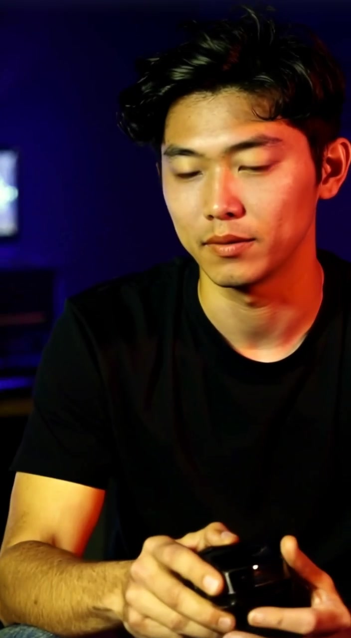 The man leans closer to the recording device, furrowing his brow in thought.