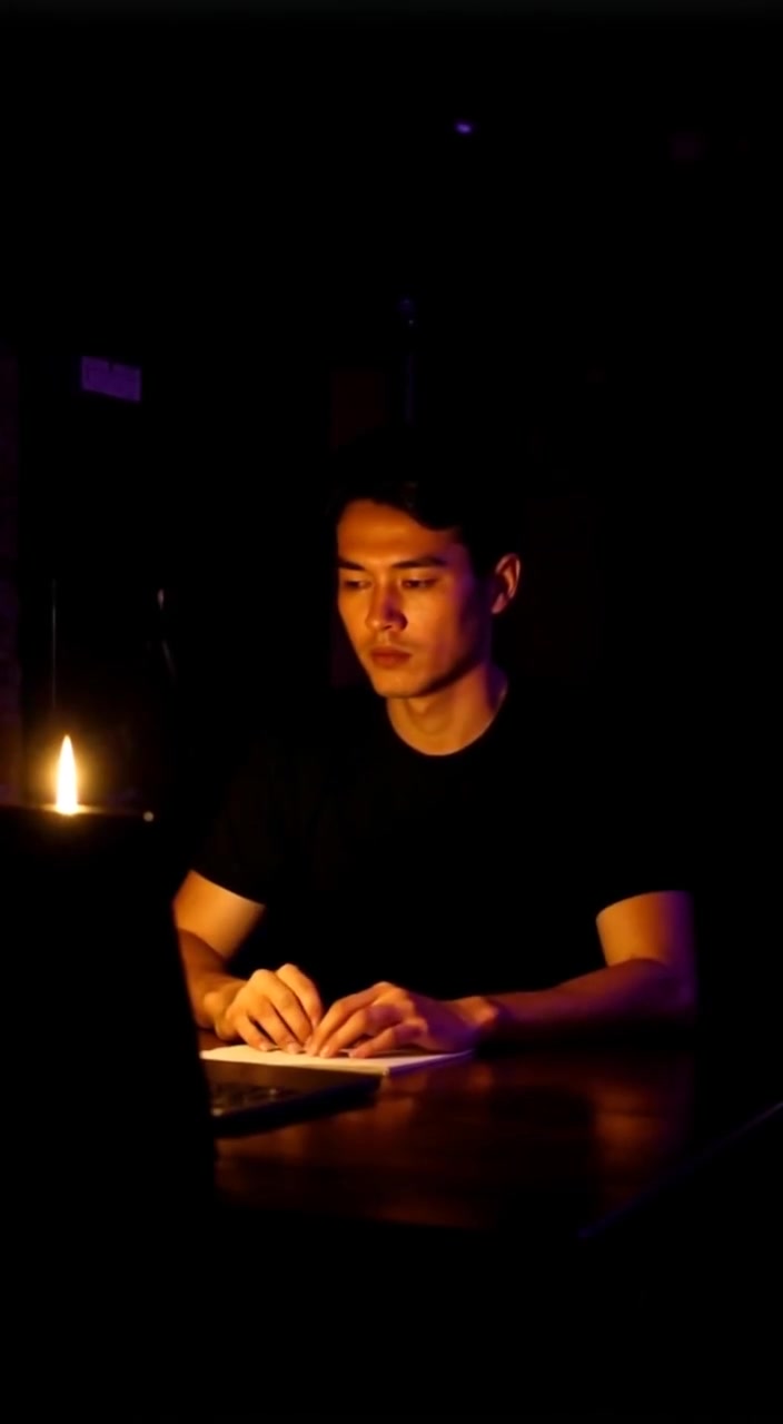 A flickering candle casts shadows in a dark room, revealing a man’s focused expression as he listens intently.