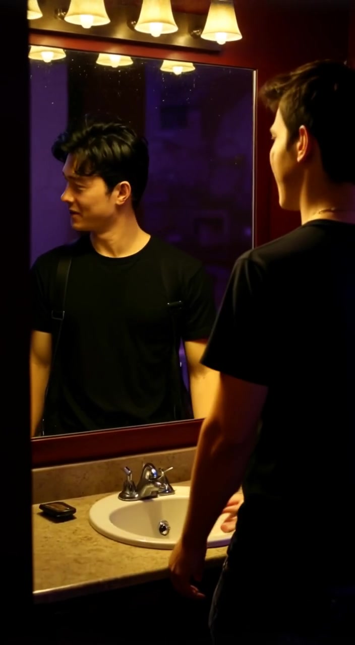 The man gently wipes the bathroom mirror, revealing a brighter reflection amidst flickering lights in a dark room.