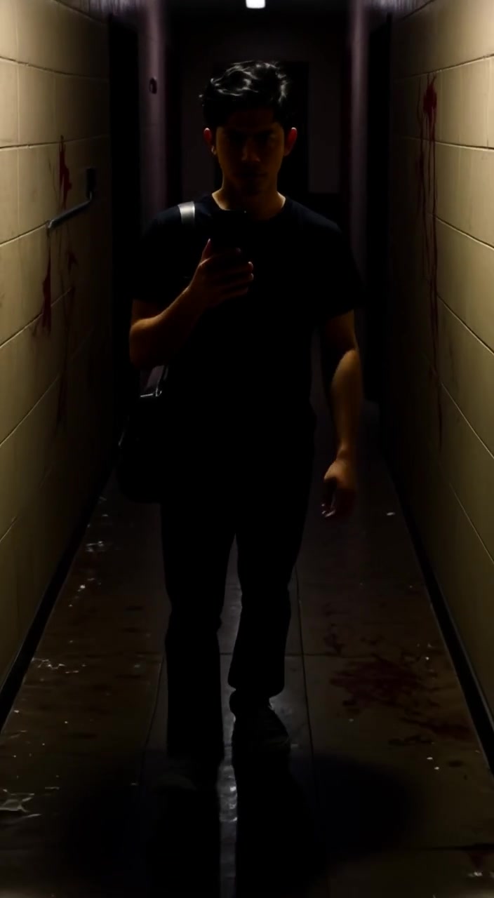 The man walks cautiously down a dimly lit hallway, flickering lights casting shadows on the walls.