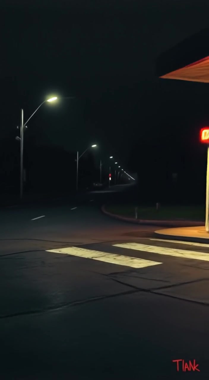 A dark, lonely gas station at night, with dimly lit signs and a single gas pump.
