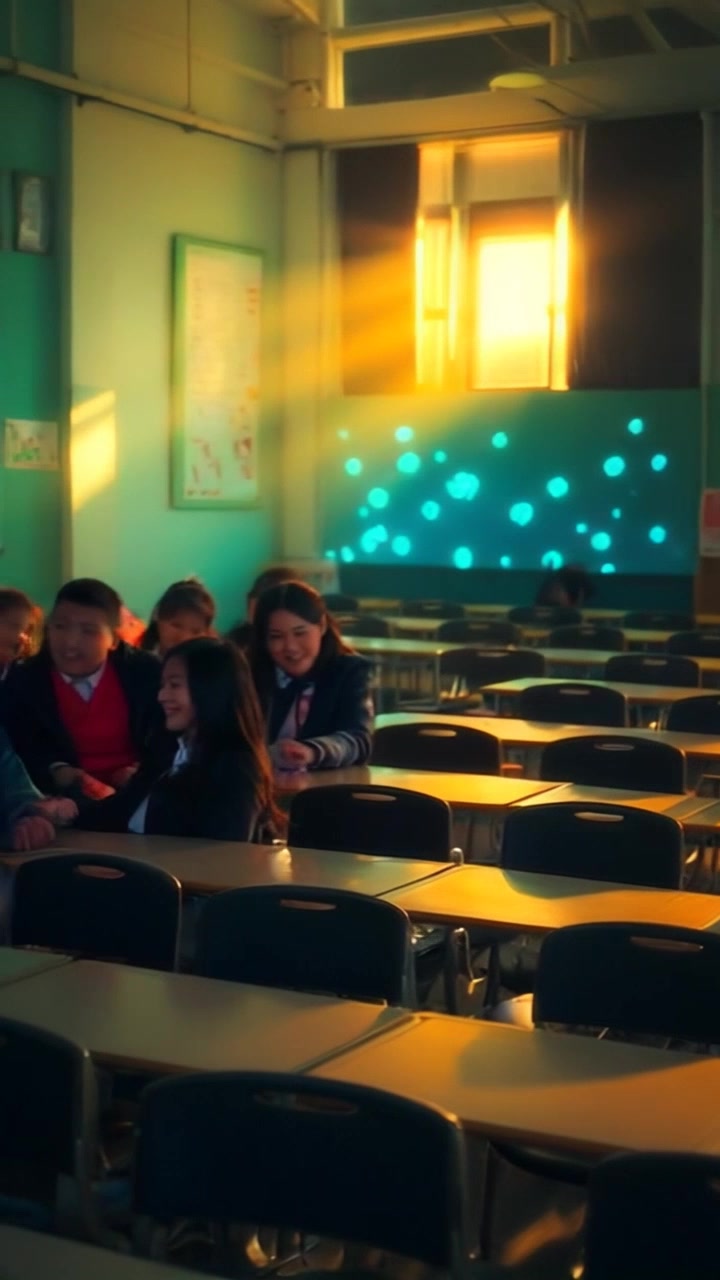 Subject: A teacher entering a vibrant classroom. Subject movement: Pak Guru strides confidently through the doorway, a warm smile on his face as he greets his students. Scene: A bright classroom filled with desks and chairs, sunlight streaming through large windows, creating a welcoming atmosphere. Camera: Handheld camera tracking shot follows Pak Guru as he moves toward the front, capturing the lively engagement of the students and the beautiful interplay of light in the room. Lighting: Bright, morning light pouring in through the windows, enhancing the lively mood of the classroom.